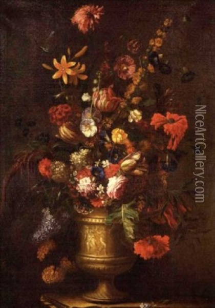 Nature Morte Au Vase De Fleurs Sur Un Entablement Oil Painting - Jan Van Huysum