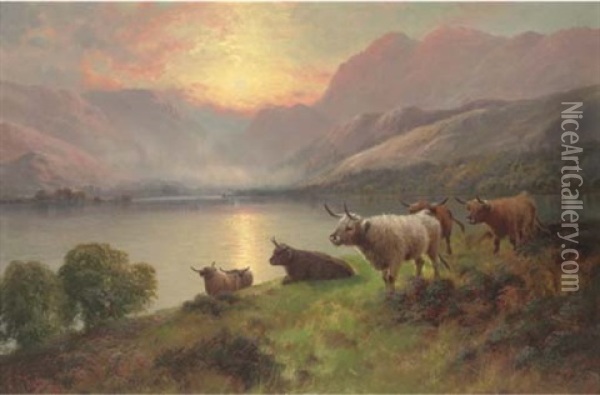 Highland Cattle Beside A Loch (+ Another Similar; Pair) Oil Painting - Harald R. Hall