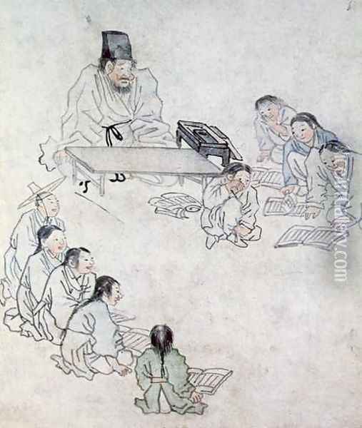 A Confucian Classroom Sodang Oil Painting - Kim Hong-Do