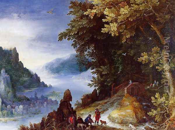 River Landscape with Resting Travellers Oil Painting - Jan The Elder Brueghel