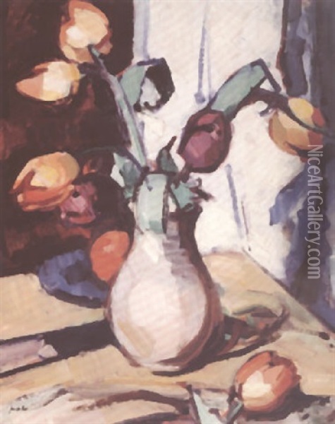 Tulips In A Brown Vase Oil Painting - Samuel John Peploe