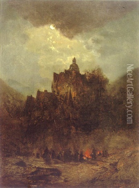 Lagerfeuer Unterhalb Einer Burg Bei Mondschein Oil Painting - Andreas Achenbach