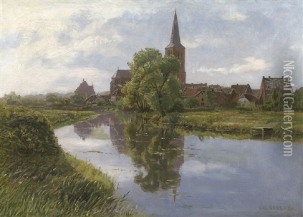 Ansicht Einer Nordischen Stadt Am Fluss Oil Painting - Eduard Spoerer