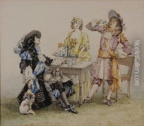 King Charles 11 And The Chocolate Girl, 1915, Inscribed Verso Oil Painting - Percy Thomas Macquoid