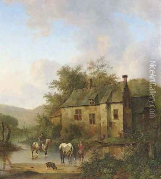 Het Huis te Boxtel met paarden in een wed Oil Painting - Wouterus Verschuur