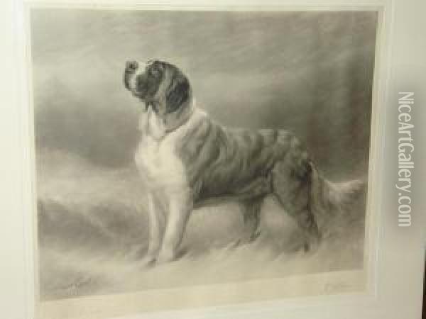 A St Bernard Dog In The Snow Oil Painting - Maud Earl