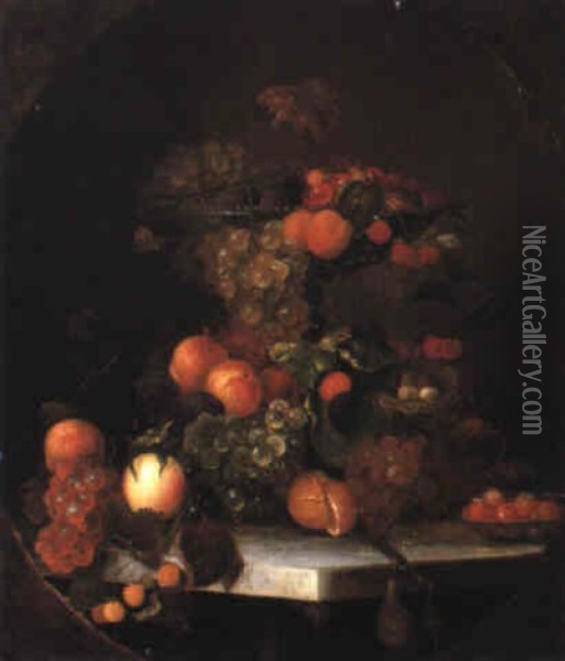 Still Life With Grapes, Peaches And Bird's Nest Oil Painting - Carl Baum