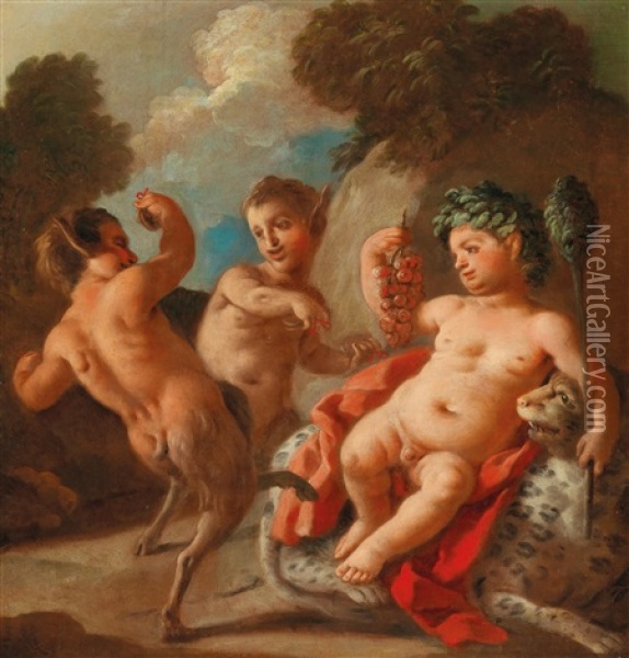 Bacchus With Satyrs; And Zeus As A Swan With The Dioscuri (collaboration W/studio) Oil Painting - Francesco de Mura