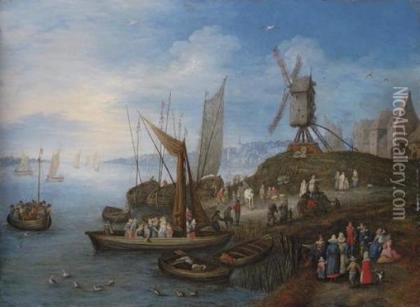 Sailing Boats And A Windmill At A Port Oil Painting - Joseph van Bredael
