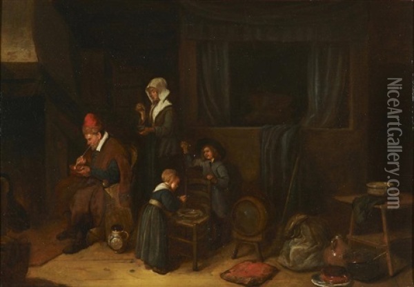 A Kitchen Interior With A Family Eating Before A Fire Oil Painting - Quiringh Gerritsz van Brekelenkam