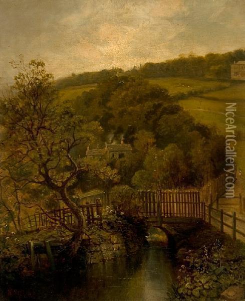 Bridge Over A Stream Before Cottages In Awooded Landscape Oil Painting - Walter Meegan