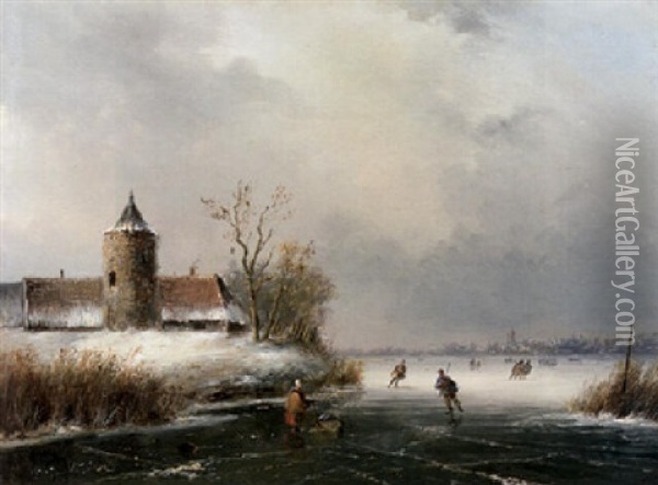 A Frozen Winter Landscape With Skaters Oil Painting - Johannes Franciscus Hoppenbrouwers