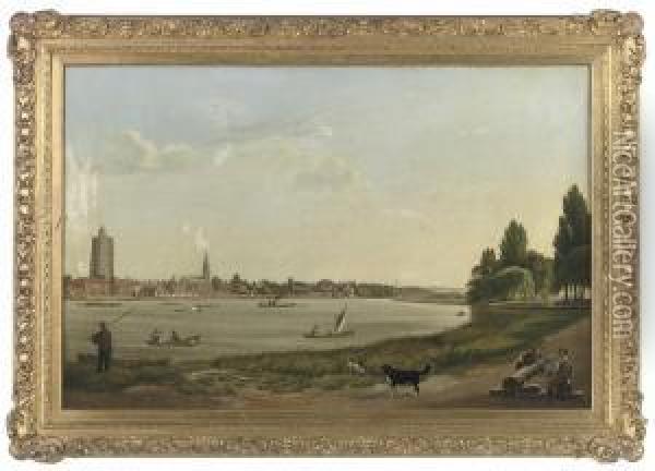 Two Timber Merchants And Their Faithful Companions On The Northbank Of The Thames Oil Painting - Abraham Bruining Van Worrell
