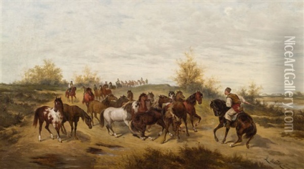 Pferde In Der Ungarischen Puszta Oil Painting - Ludwig Gedlek