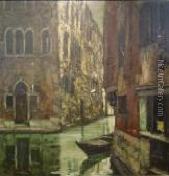 A Gondola Moored Beneath A Palazzo In A Side Canal, Venice Oil Painting - Carlo Montani