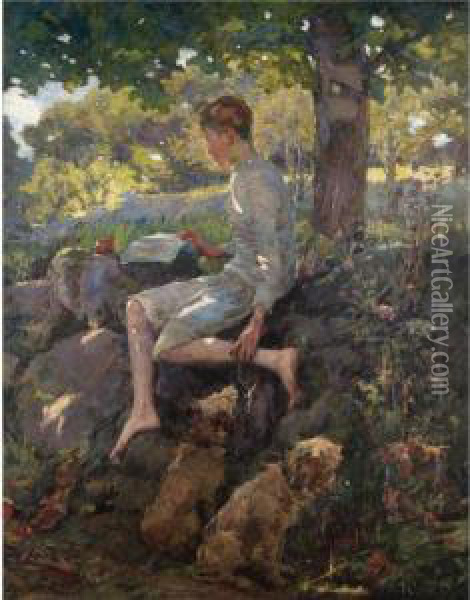 The Half Holiday, Alec Home From School Oil Painting - Elizabeth A.Stanhope Forbes