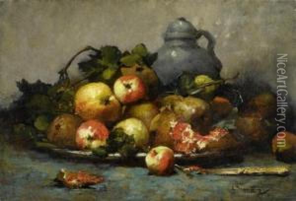 Still Life With Fruits And A Jug. Oil Painting - Georges Jeannin