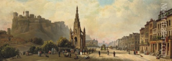 Daily Activities By The Scott Monument In Princes Street, Edinburgh Oil Painting - Heinrich Hiller