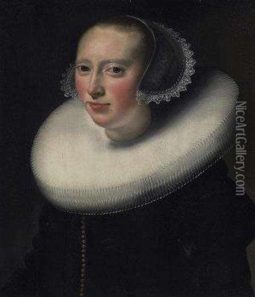 Portrait Of A Young Lady With Ruff And Lace Bonnet Oil Painting - Jan Anthonisz Van Ravesteyn