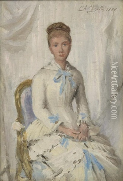 Portrait Of A Woman In White With Blue Trim Oil Painting - Charles Joshua Chaplin
