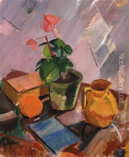 Blomsteropstilling Med Appelsin, Kande Og Boger Oil Painting - Karl Isakson