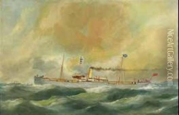 British Steamer Off Le Havre Oil Painting - Edmond Ou Edouard Adam