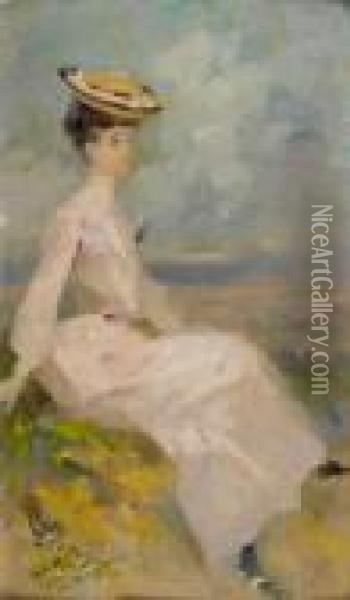 Elegante Dans Un Paysage Oil Painting - Jules Cheret