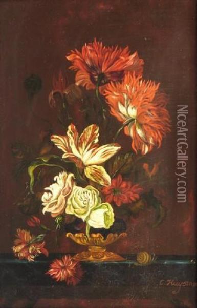 Blumenstilleben In Prunkvase Am Tisch Oil Painting - Huisman Claes