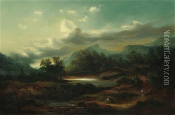 Morgendammerung Im Flustal. Vorn Ein Jager, Einen Angler Beobachtend Oil Painting - Eduard Schleich the Younger