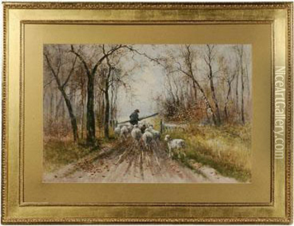 Sheepherder On A Gated Track Oil Painting - Hugo Anton Fisher