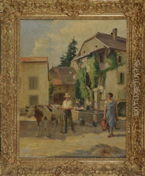 Am Stadtischen Brunnen Treffen Ein Hirte Mit Rind Und Drei Frauen Mit Wasserkrugen Zusammen Oil Painting - Henri Victor Lesur
