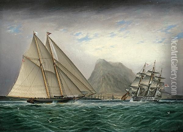A Schooner And A Barque Sailing Into A Harbor Oil Painting - James E. Buttersworth