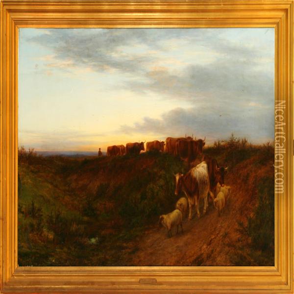 Driving Home Cattleand Sheep In The Dust Oil Painting - William Snr Luker