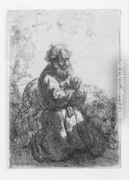St Jerome Kneeling In Prayer, Looking Down Oil Painting - Rembrandt Van Rijn