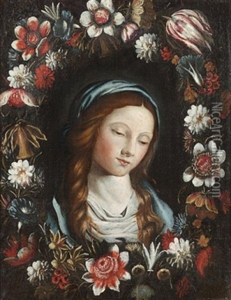 A Garland Of Flowers Surrounding The Head Of The Madonna (collab. W/circle Of Sassoferrato) Oil Painting - Mario Nuzzi