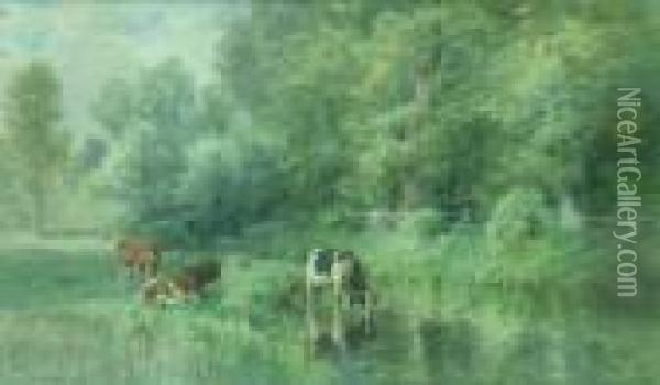 Cows Watering Oil Painting - Thomas Bigelow Craig