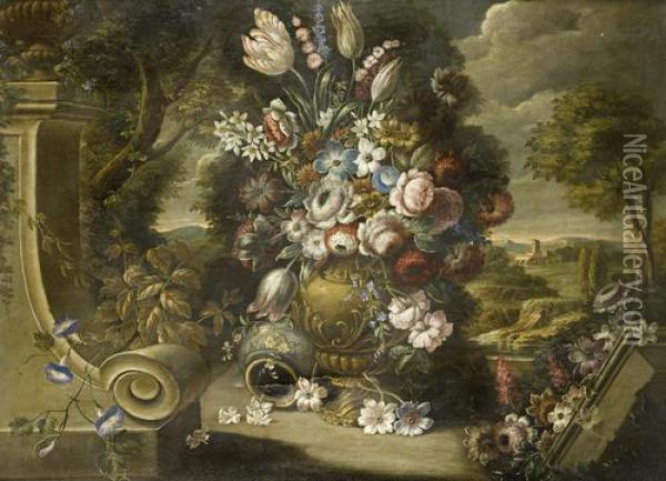 Carnations, Tulips, Jasmine And Other Flowers In A Classical Urn Before An Italianate Landscape Oil Painting - Gasparo Lopez