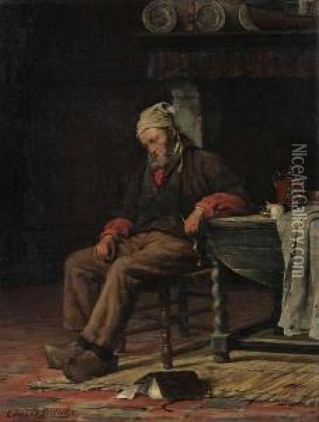 Oude Bebaarde Man, Ingedut. Oil Painting - Edward Antoon Portielje