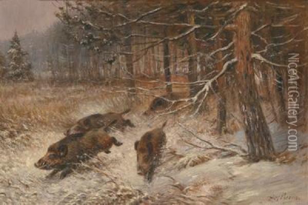 Wildschweine Im Winterwald Oil Painting - Wilhelm Lorens Holm