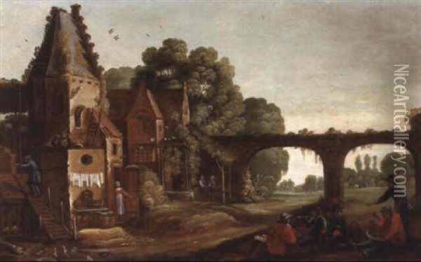 Homesteads By A Bridge, Peasants Resting And Smoking Nearby Oil Painting - Claude De Jongh