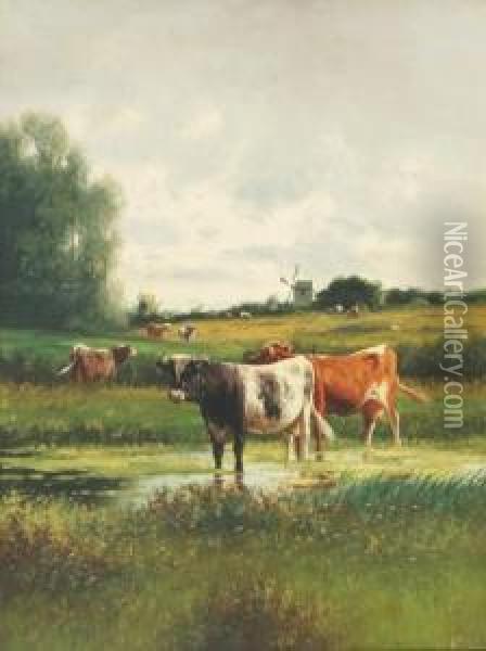 Cattle At A Pond Oil Painting - William Frederick Hulk
