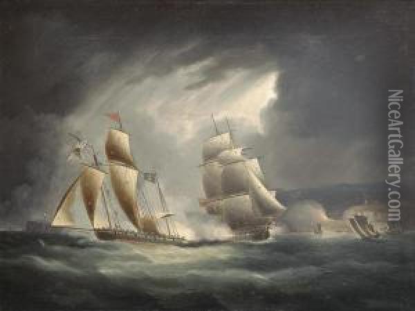 Thomas Butterworth, Sen. A Royal Navy Frigate Oil Painting - Thomas Buttersworth