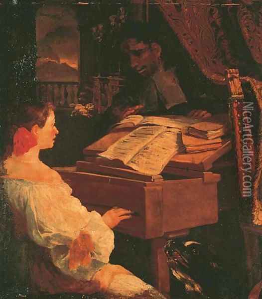 An elegant lady playing the harpsichord, with a view of Mount Vesuvius beyond Oil Painting - Neapolitan School