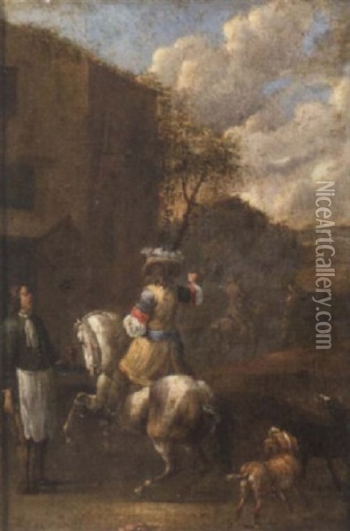A Horseman With Hounds Taking Refreshment At An Inn Oil Painting - Simon Johannes van Douw