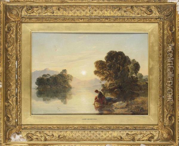 A Young Girl Washing By A Sunlit Lake Oil Painting - John Mogford