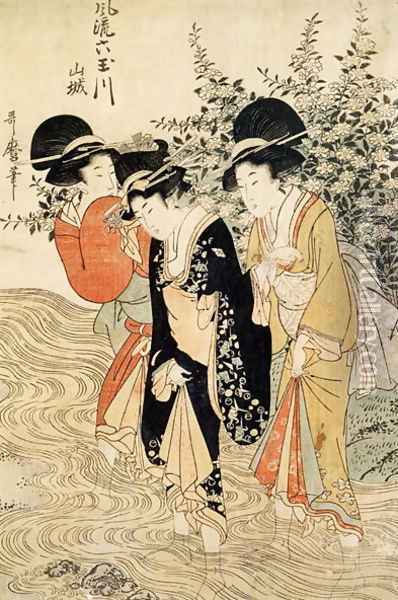 Three girls paddling in a river, from the Fashionable Six Jewelled Rivers, Yamashiro Province, pub. 1790, Oil Painting - Kitagawa Utamaro