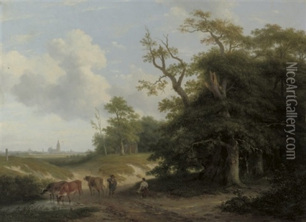 Cows In A Landscape With Farmers And Trees, A City In The Background Oil Painting - Pieter Daniel van der Burgh