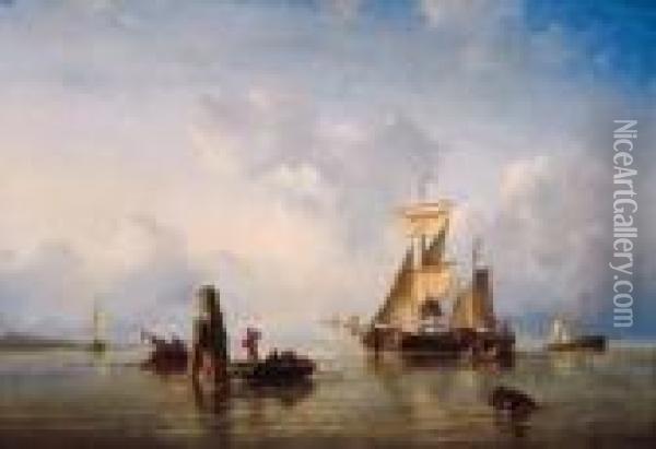 Moored Sailingvessels In A Sunlit Estuary Oil Painting - Ary Pleysier