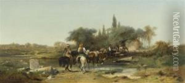 Oriental Caravan By A River Oil Painting - Adolf Schreyer