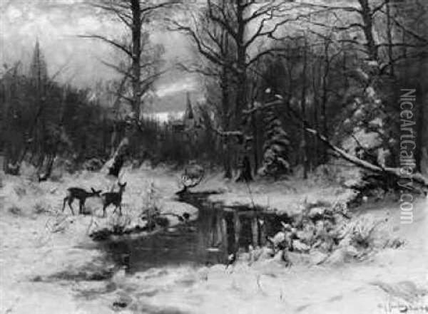 Winterwald -  Zwei Rehe Auf Verschneiter Waldlichtung, Abendstimmung Oil Painting - Olof August Andreas Jernberg